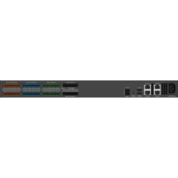 Q-SYS Core 24F, imagen trasera con puertos de audio, puertos GPIO, puertos 232, puertos de red.